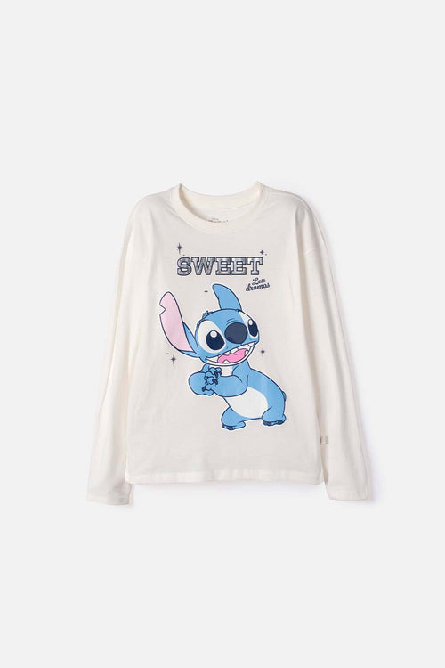 CAMISETA DE LILO Y STITCH MANGA LARGA MARFIL PARA NIÑA