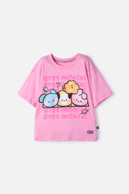 CAMISETA DE BT21 MANGA CORTA ROSADO PARA NIÑA