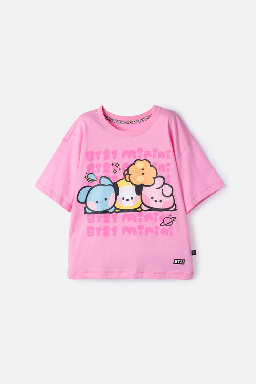 CAMISETA DE BT21 MANGA CORTA ROSADO PARA NIÑA