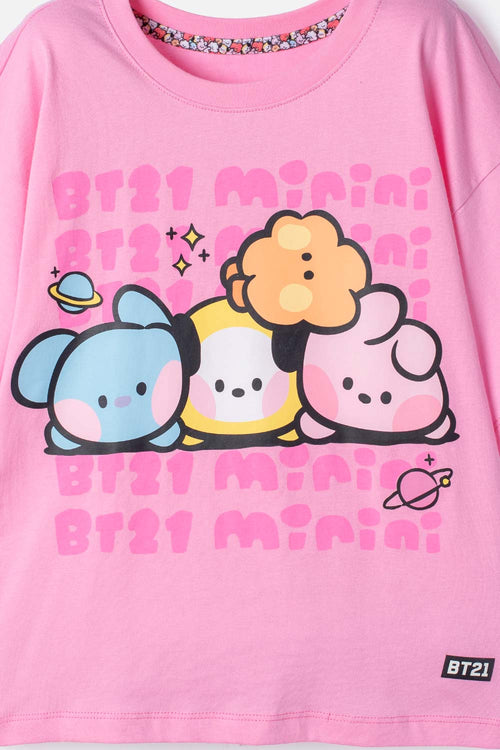 CAMISETA DE BT21 MANGA CORTA ROSADO PARA NIÑA