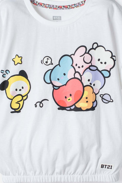 CAMISETA DE  BT21 MANGA SISA BLANCO PARA NIÑA