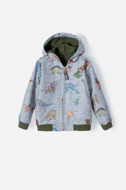 CHAQUETA DE JURASSIC WORLD CON CAPUCHA GRIS JASPE PARA NIÑO 2T A 5T