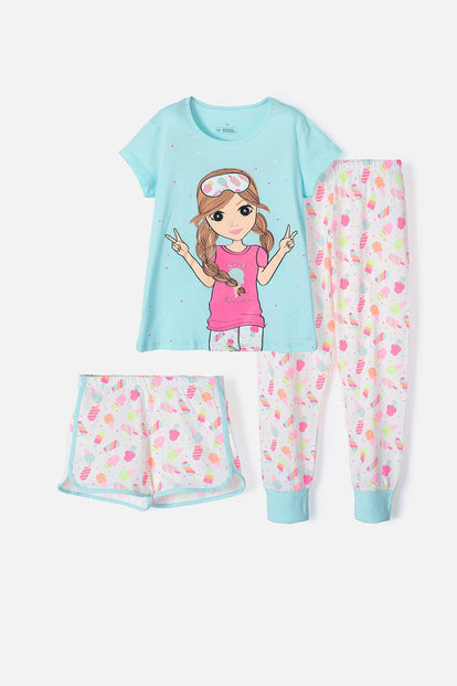 PIJAMA MIC DE PANTALÓN LARGO/CORTO AZUL Y ROSADO PARA NIÑA
