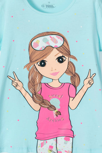  PIJAMA MIC DE PANTALÓN LARGO/CORTO AZUL Y ROSADO PARA NIÑA