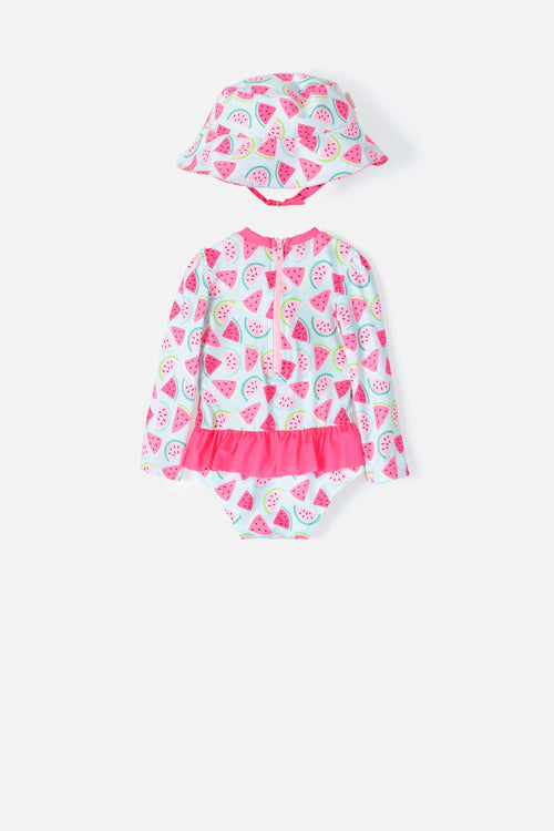 Card slide image -  VESTIDO DE BAÑO LITTLEMIC CON GORRO AZUL Y FUCSIA PARA BEBÉ NIÑA