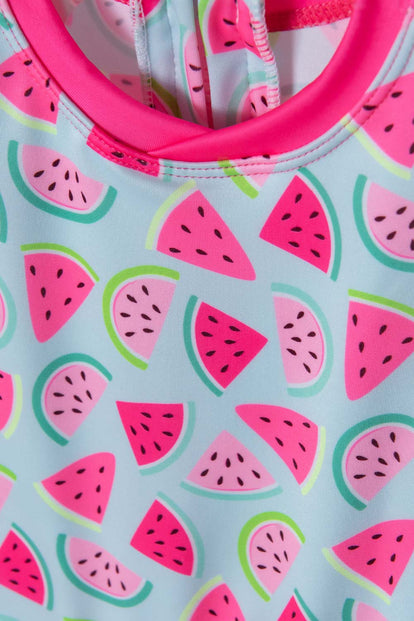 VESTIDO DE BAÑO LITTLEMIC CON GORRO AZUL Y FUCSIA PARA BEBÉ NIÑA