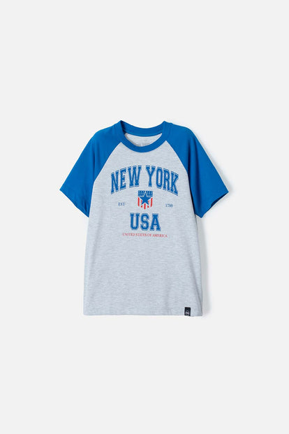 CAMISETA DE MIC MANGA CORTA GRIS Y AZUL PARA NIÑO