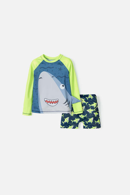 CONJUNTO DE BAÑO LITTLEMIC MANGA LARGA AZUL Y VERDE PARA NIÑO
