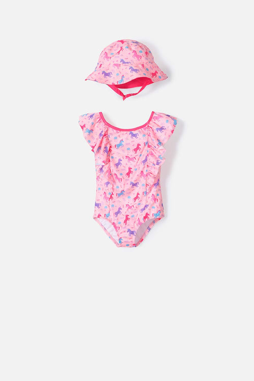 VESTIDO DE BAÑO LITTLEMIC CON GORRO ROSADO Y FUCSIA PARA BEBÉ NIÑA