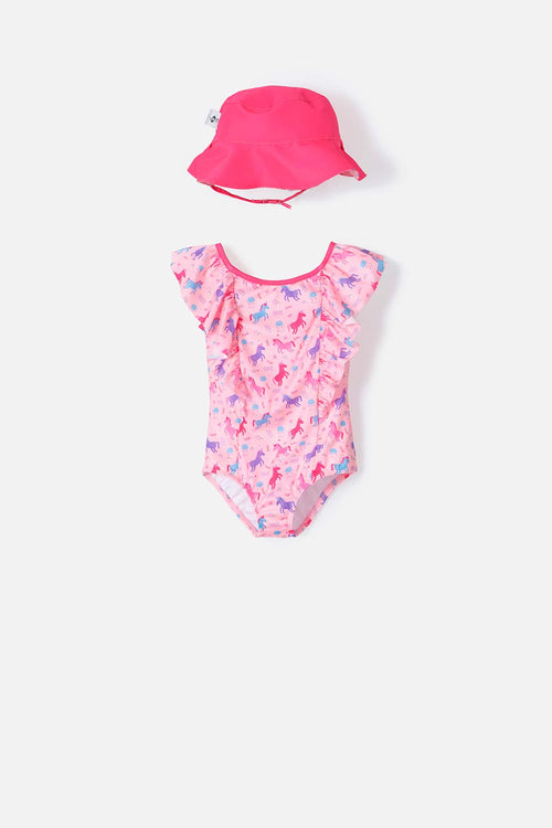 VESTIDO DE BAÑO LITTLEMIC CON GORRO ROSADO Y FUCSIA PARA BEBÉ NIÑA