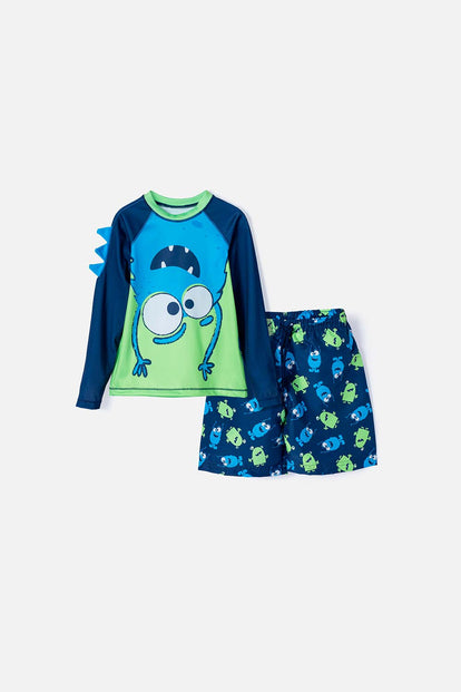 CONJUNTO DE BAÑO LITTLEMIC AZUL/VERDE MANGA LARGA PARA NIÑO