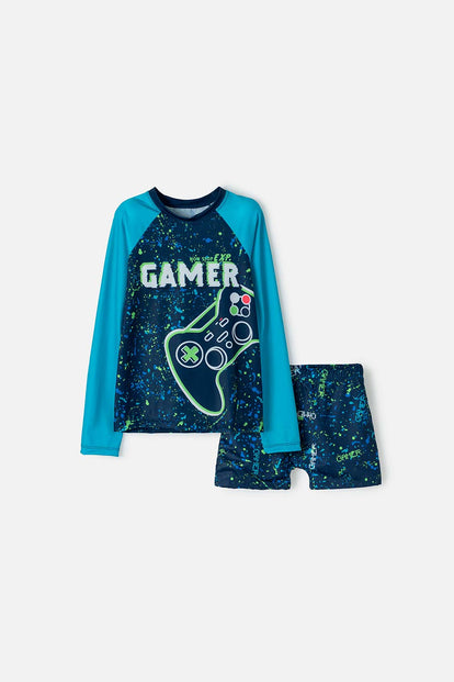 CONJUNTO DE BAÑO MIC MANGA LARGA AZUL PARA NIÑO