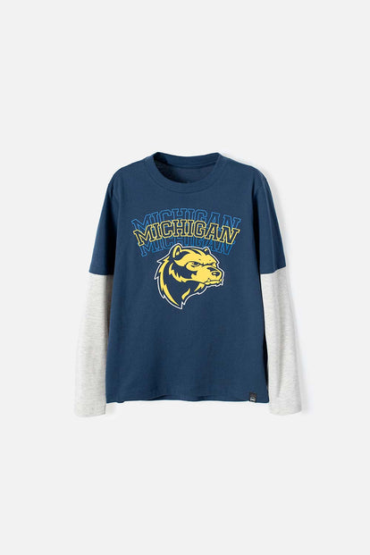  CAMISETA DE MIC MANGA LARGA AZUL Y GRIS PARA NIÑO