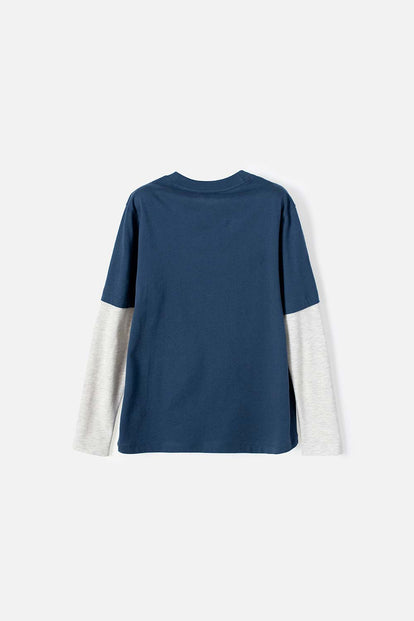 CAMISETA DE MIC MANGA LARGA AZUL Y GRIS PARA NIÑO