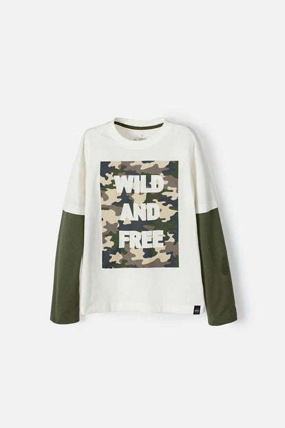 CAMISETA DE MIC MANGA LARGA MARFIL PARA NIÑO