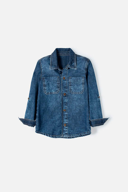 CAMISA LITTLEMIC AZUL TONO MEDIO MANGA LARGA PARA NIÑO 2T A 5T