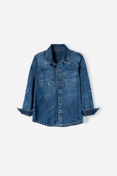 CAMISA LITTLEMIC AZUL TONO MEDIO MANGA LARGA PARA NIÑO 2T A 5T