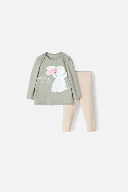 CONJUNTO LITTLEMIC VERDE Y CAQUI MANGA LARGA PARA BEBÉ NIÑA