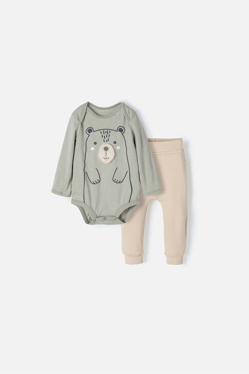 CONJUNTO LITTLEMIC VERDE Y CAQUI MANGA LARGA PARA BEBÉ NIÑO