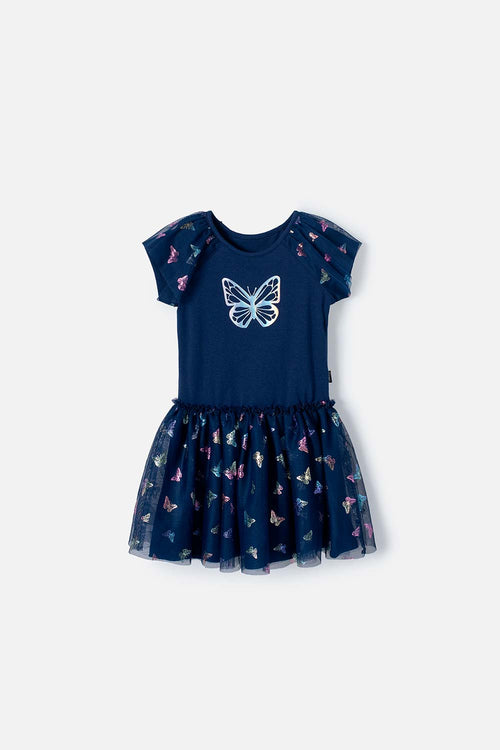 VESTIDO DE LITTLEMIC MANGA CORTA AZUL PARA NIÑA 2T A 5T