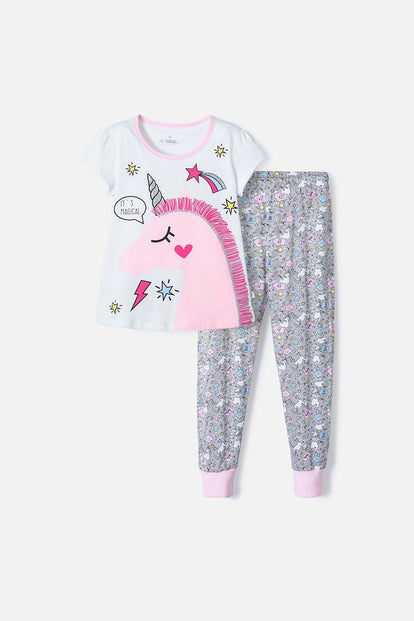 PIJAMA DE MIC CON PANTALÓN LARGO BLANCO Y GRIS PARA NIÑA