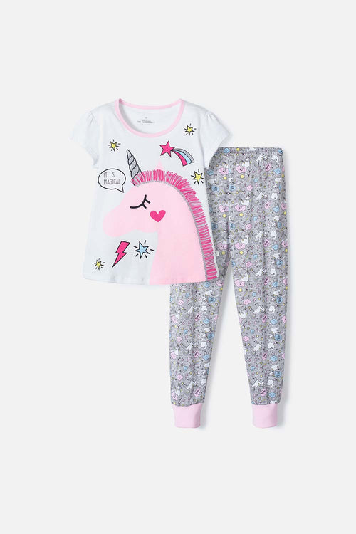 PIJAMA DE MIC CON PANTALÓN LARGO BLANCO Y GRIS PARA NIÑA