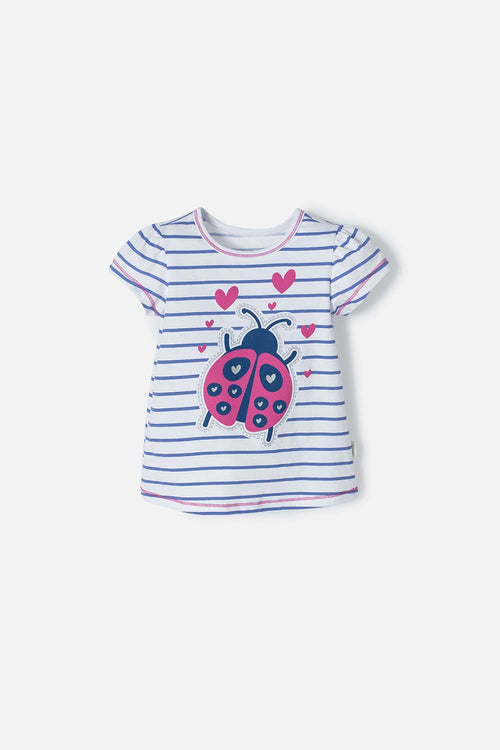 CAMISETA LITTLEMIC BLANCA CON AZUL Y BRILLOS PARA NIÑA 2T A 5T