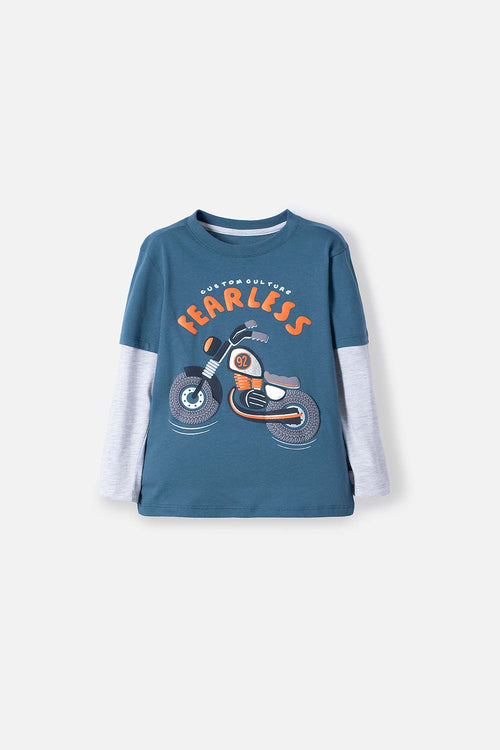 CAMISETA LITTLEMIC AZUL Y GRIS ESTAMPADA EN FRENTE PARA NIÑO 2T A 5T