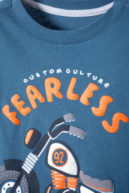 CAMISETA LITTLEMIC AZUL Y GRIS ESTAMPADA EN FRENTE PARA NIÑO 2T A 5T