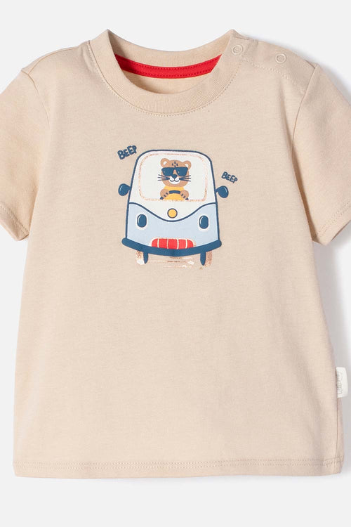 CONJUNTO LITTLEMIC CAQUI Y ROJO ESTAMPADO EN FRENTE PARA BEBÉ NIÑO