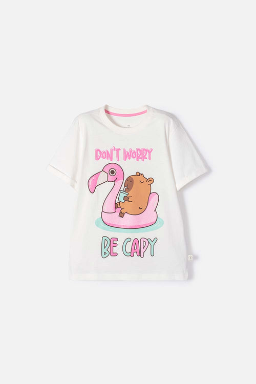 CAMISETA DE CAPYBARA MARFIL ESTAMPADA EN FRENTE PARA NIÑA