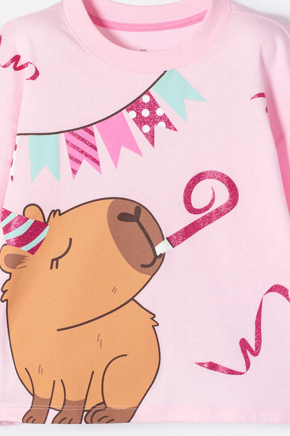 CAMISETA DE CAPYBARA ROSA PASTEL MANGA CORTA PARA NIÑA