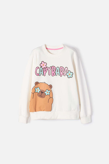 BUZO DE CAPYBARA MARFIL DE DISEÑO CERRADO PARA NIÑA