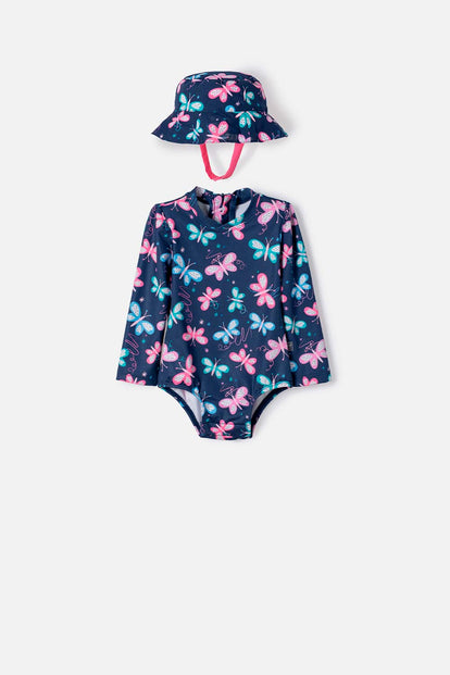 VESTIDO DE BAÑO DE LITTLEMIC CON GORRO MULTICOLOR PARA BEBÉ NIÑA