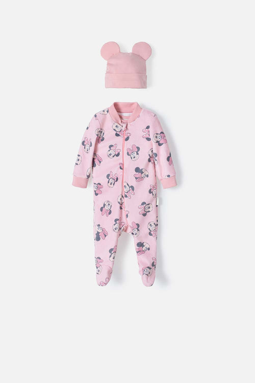 SET PRIMER DÍA DE MINNIE MOUSE MARFIL Y ROSADO ESTAMPADO PARA BEBÉ NIÑA