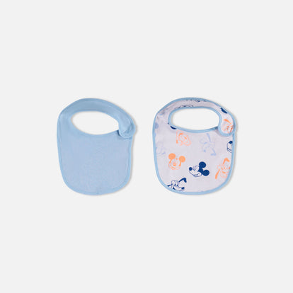 DÚO BABEROS DE MICKEY MOUSE CON BROCHE AJUSTABLE AZUL Y BLANCO PARA BEBÉ NIÑO