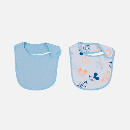 DÚO BABEROS DE MICKEY MOUSE CON BROCHE AJUSTABLE AZUL Y BLANCO PARA BEBÉ NIÑO