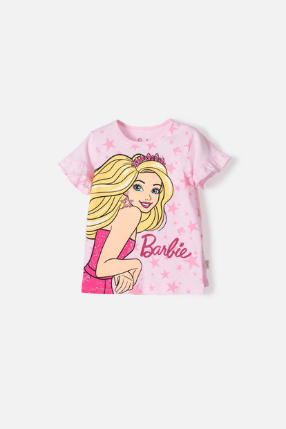 CAMISETA DE BARBIE MANGA CORTA ROSADA PARA NIÑA