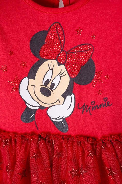 Card slide image -  VESTIDO DE MINNIE MOUSE ROJO ESTAMPADO EN FRENTE PARA NIÑA 2T A 5T
