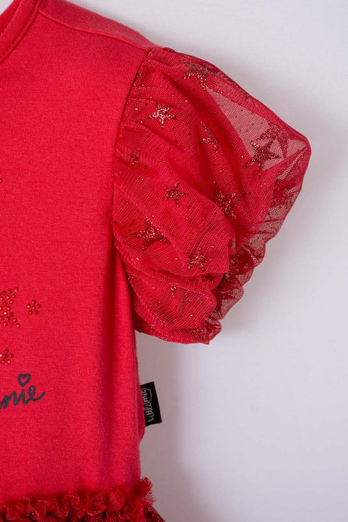 Card slide image -  VESTIDO DE MINNIE MOUSE ROJO ESTAMPADO EN FRENTE PARA NIÑA 2T A 5T