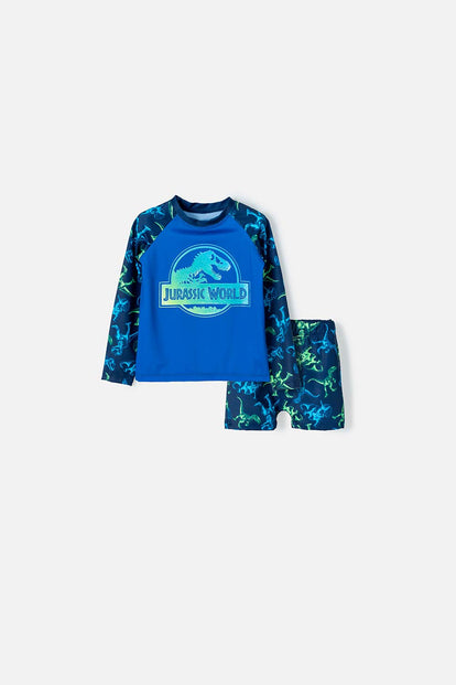CONJUNTO DE BAÑO DE JURASSIC WOLD MANGA LARGA AZUL PARA NIÑO 2T A 5T