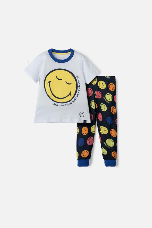 PIJAMA DE SMILEY BLANCA Y AZUL OSCURA DE MANGA CORTA PARA NIÑO 2T A 5T