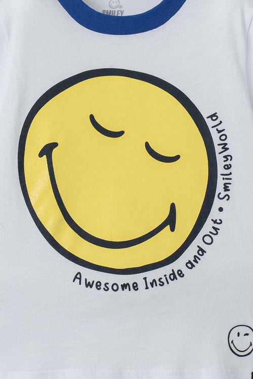 PIJAMA DE SMILEY BLANCA Y AZUL OSCURA DE MANGA CORTA PARA NIÑO 2T A 5T