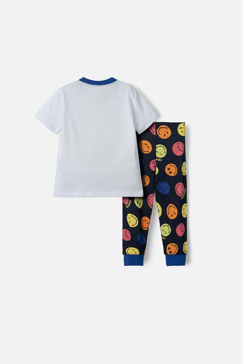 PIJAMA DE SMILEY BLANCA Y AZUL OSCURA DE MANGA CORTA PARA NIÑO 2T A 5T