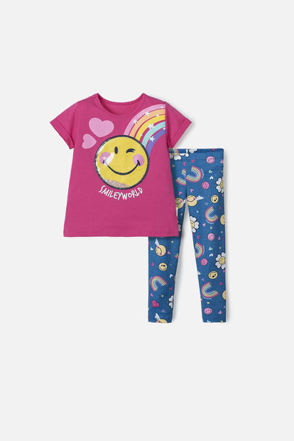 CONJUNTO DE SMILEY FUCSIA Y AZUL DE PANTALÓN LARGO PARA NIÑA 2T A 5T
