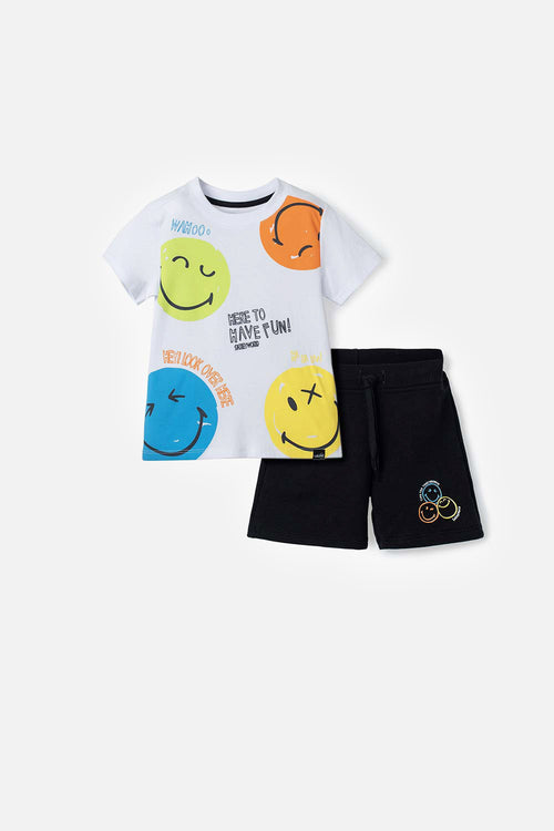CONJUNTO DE SMILEY BLANCO Y NEGRO DE PANTALÓN CORTO PARA NIÑO 2T A 5T