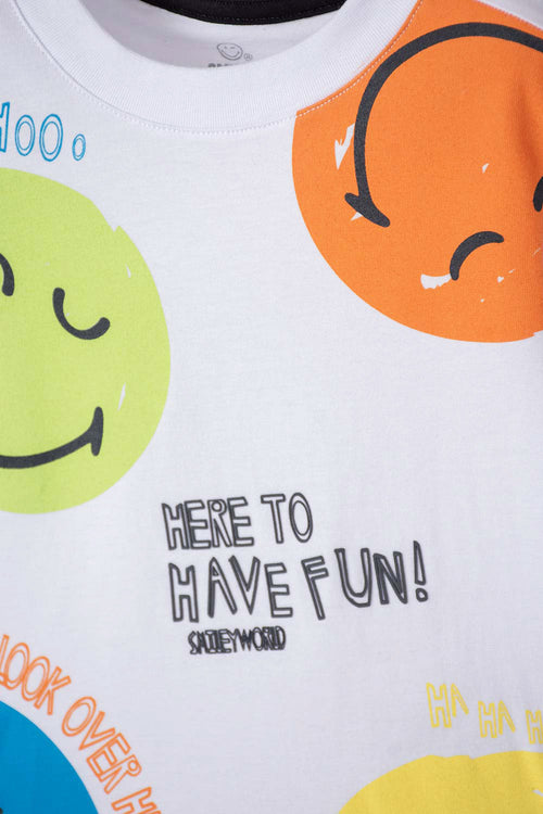 CONJUNTO DE SMILEY BLANCO Y NEGRO DE PANTALÓN CORTO PARA NIÑO 2T A 5T