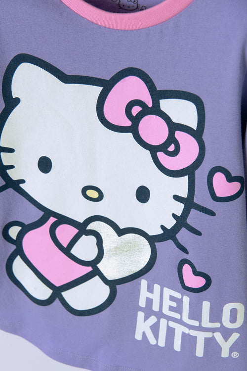 PIJAMA DE HELLO KITTY MORADA Y ROSADA DE CAMISETA MANGA LARGA PARA NIÑA 2T A 5T