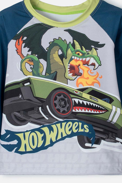CONJUNTO DE BAÑO DE HOT WHEELS VERDE, AZUL Y GRIS MANGA LARGA PARA NIÑO 2T A 5T