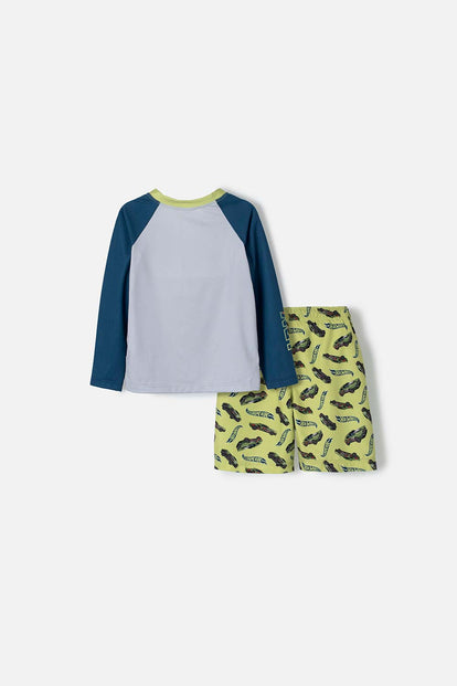 CONJUNTO DE BAÑO DE HOT WHEELS VERDE, AZUL Y GRIS MANGA LARGA PARA NIÑO 2T A 5T